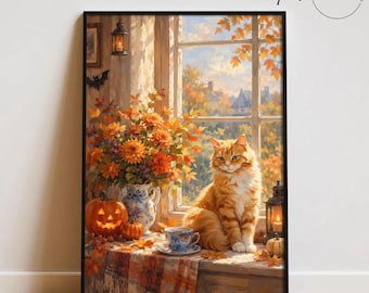 May include: A framed wall art print depicting an orange tabby cat sitting on a windowsill next to a blue and white floral vase filled with autumn flowers, a carved jack-o'-lantern, a teacup, and a lantern with a glowing candle inside.