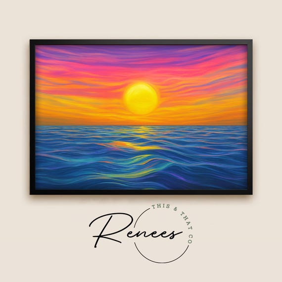 Colorful Ocean Sunset Wall Art – Modern Seascape Painting, Vibrant Sunrise Over Sea, Calm Coastal Home Decor