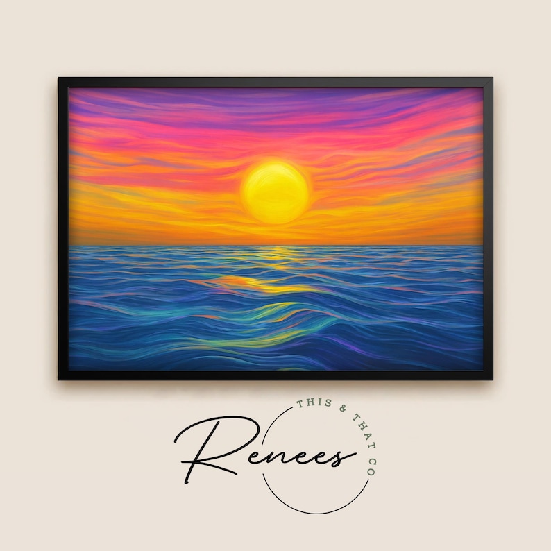 May include: A framed art print depicting a vibrant sunset over the ocean. The sky transitions from pink and purple to orange and yellow, with a large yellow sun. The ocean is a mix of blue and turquoise hues.