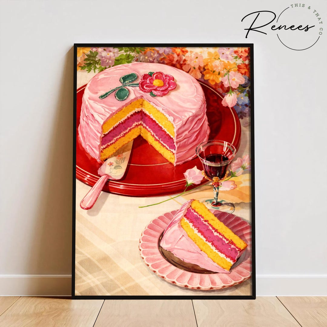 Vintage Cake Wall Art, Pink Dessert Kitchen Decor, Retro Bakery Print ...