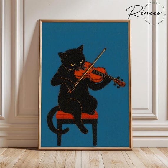Black Cat Violin Wall Art, Cat Music Poster, Violin Art Print, Music Lover Gift, Cat Lover Gift, Whimsical Animal Art, Minimalist Wall Decor