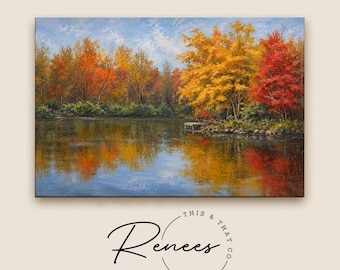 Autumn Landscape Wall Art, Fall Lake Canvas Print, Colorful Autumn Trees Painting, Rustic Nature Decor, Fall Wall Art
