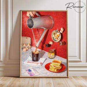 Retro Breakfast Still Life Wall Art Print, Floating Kitchen Objects Painting, Red Vintage Cafe Decor, Whimsical Food Artwork