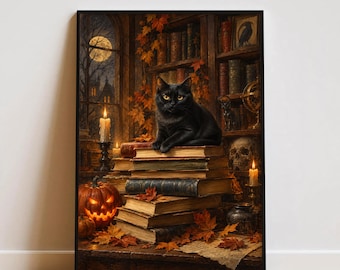 May include: A black cat with yellow eyes sits atop a stack of old books in a library setting. The scene includes a glowing jack-o'-lantern, lit candles, autumn leaves, a human skull, and a window showing a full moon and a dark silhouette of a building.
