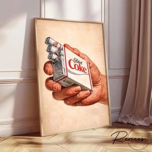 Pode incluir: Impress&atilde;o art&iacute;stica emoldurada com uma m&atilde;o segurando um ma&ccedil;o de cigarros Diet Coke, com latas de Diet Coke no lugar dos cigarros. O ma&ccedil;o &eacute; branco com texto vermelho e uma borda vermelha. O fundo &eacute; bege.