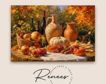 Autumn Harvest Wall Art, Vintage Fall Still Life Painting, Cozy Autumn Landscape, Pumpkin and Apple Canvas Print, Rustic Thanksgiving Decor