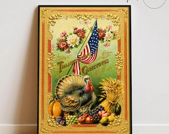 Vintage Thanksgiving Greetings Wall Art, Antique Turkey Postcard Print, Patriotic Harvest Decor, Farmhouse Fall Canvas