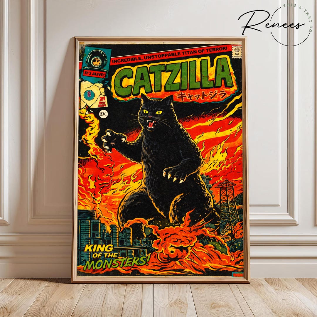 Catzilla Retro Comic Poster, Funny Cat Wall Art, Vintage Monster Movie ...