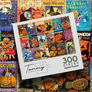Puede incluir: Un rompecabezas de 300 piezas de Tammy Puzzle Co. que presenta un collage de portadas de revistas de Halloween antiguas. La caja muestra varias ilustraciones de brujas, calabazas y gatos negros, con el texto 300 PIECES Jigsaw Puzzle.
