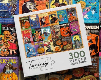 Vintage Halloween Puzzle, Halloween Book Cover Jigsaw Puzzle, Spooky Pumpkin Puzzle, Retro Halloween Collage, Halloween Gift for Adults