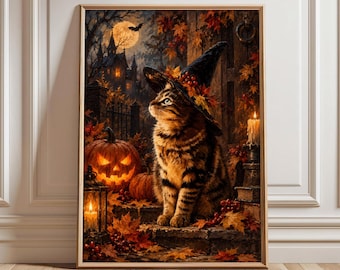 May include: A framed wall art print featuring a tabby cat wearing a pointed witch hat adorned with berries. The scene includes a glowing jack-o'-lantern, a lit lantern, autumn leaves, and a dark castle silhouette under a full moon.