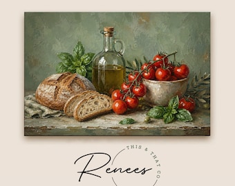 Italian Kitchen Wall Art, Rustic Bread & Tomatoes Canvas Print, Mediterranean Still Life, Farmhouse Kitchen Decor