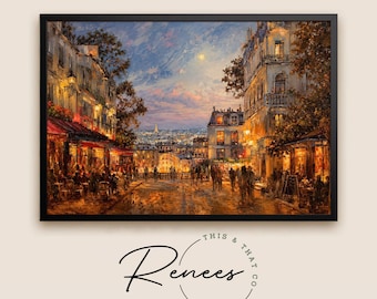 May include: A framed oil painting print depicting a Parisian street scene at dusk with warm golden lights from cafes, multi-story buildings, and a distant cityscape under a twilight sky. The text 'Renees THIS & THAT CO' appears below.