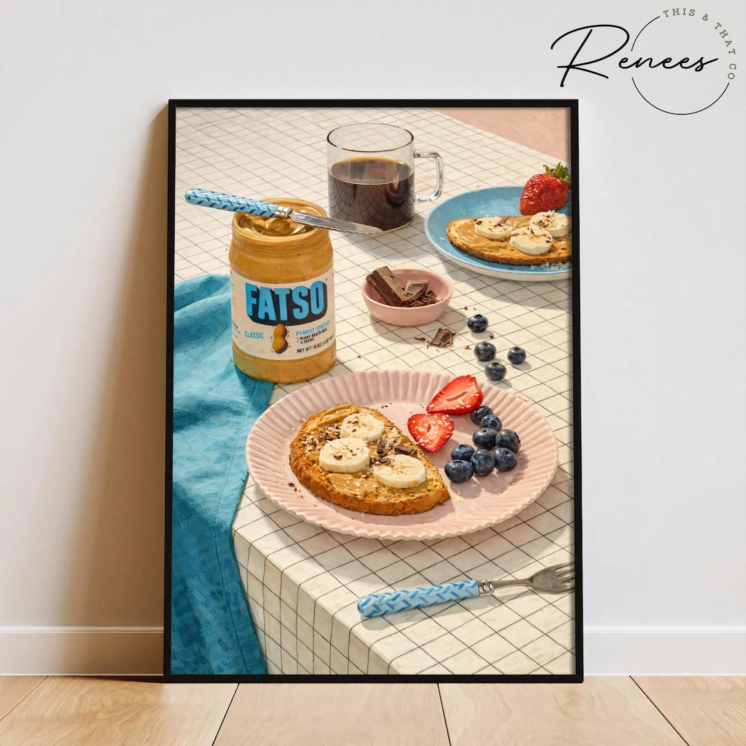 Modern Breakfast Still Life Wall Art Print, Peanut Butter Banana Toast ...