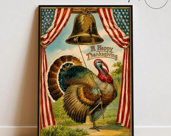 Vintage Thanksgiving Turkey Wall Art, Patriotic Thanksgiving Decor, Antique Thanksgiving Postcard Print, Farmhouse Fall Canvas