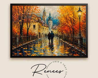 Autumn European Street Wall Art, Romantic Fall Cityscape Print, Rainy Old Town Canvas, Cozy Village Landscape, Rustic Home Decor