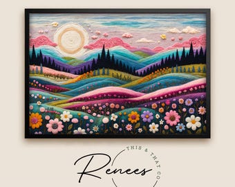 Embroidered Landscape Wall Art, Colorful Fiber Art Hills, Cottagecore Floral Embroidery Print, Whimsical Textile Style Decor