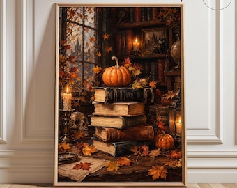May include: A framed wall art print depicting a stack of antique books topped with an orange pumpkin. The scene includes a lit candle, a human skull, and scattered autumn leaves near a window with a view of a castle, set against a dark bookshelf.