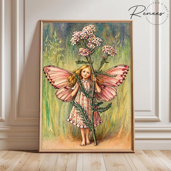 Yarrow Fairy Wall Art, Vintage Fairy Print, Botanical Fairy Poster, Cottagecore Decor, Floral Fairy Art, Whimsical Nursery Wall Art
