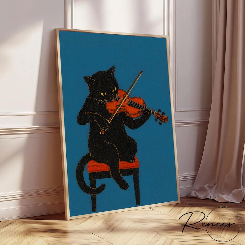 Puede incluir: Impresi&oacute;n art&iacute;stica enmarcada que muestra un gato negro tocando el viol&iacute;n. El gato est&aacute; sentado en un taburete rojo sobre un fondo turquesa. El viol&iacute;n es de color naranja y el marco es dorado.