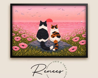 Cat Couple Sunset Canvas Art – Romantic Painting, Cat Lover Gift