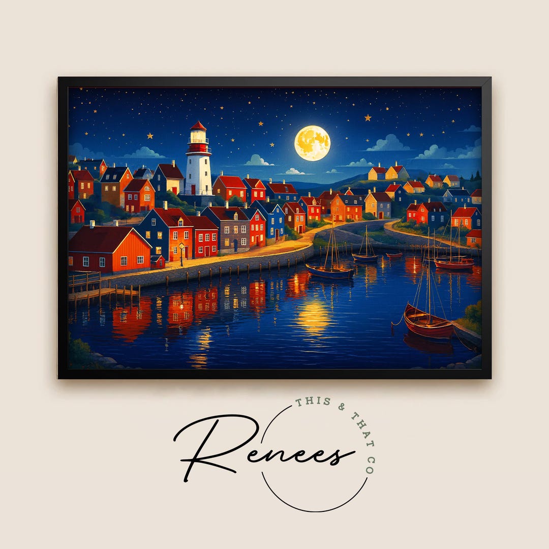 Lighthouse Coastal Wall Art, Moonlit Harbor Village Print, Cozy Night ...