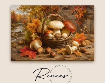 Autumn Mushroom Wall Art, Vintage Fall Still Life Canvas Print, Rustic Woodland Decor, Cottagecore Kitchen Harvest Artwork