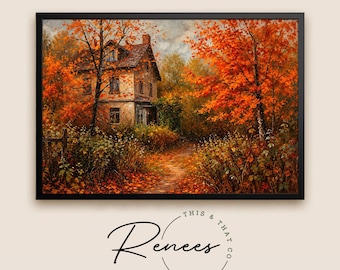 May include: A framed landscape painting depicting a multi-story house surrounded by trees with vibrant orange and red autumn foliage. A dirt path leads toward the house, which is partially obscured by bushes. The text This & That Renees is visible.