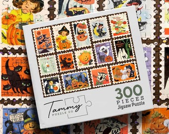 Vintage Halloween Wooden Puzzle, Retro Halloween Postcard Collage Jigsaw Puzzle, Pumpkin Witch Black Cat Puzzle, Halloween Gift for Adults