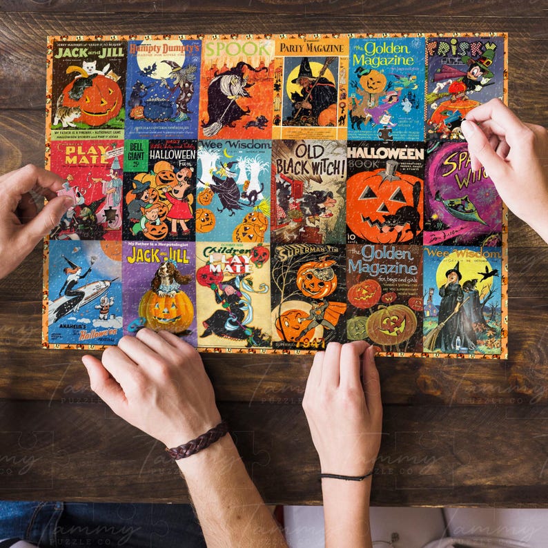 Puede incluir: Un rompecabezas que presenta un collage de portadas de revistas de Halloween antiguas, incluyendo t&iacute;tulos como Jack and Jill, Wee Wisdom y The Golden Magazine, con ilustraciones de calabazas, brujas y gatos negros en cuadr&iacute;cula.