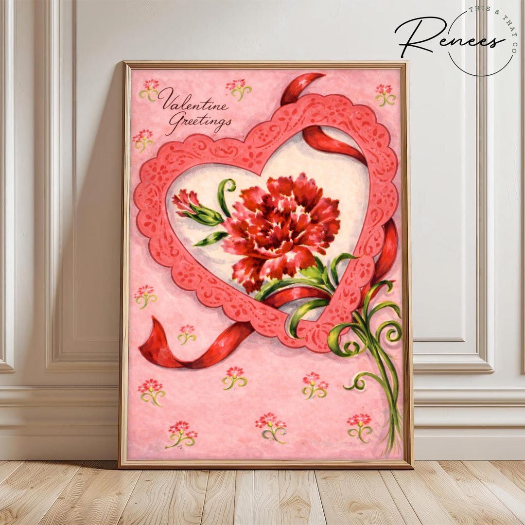 Vintage Valentine Wall Art, Floral Heart Valentine Print, Romantic ...