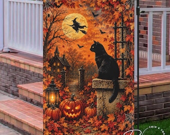 May include: A rectangular garden flag featuring a Halloween scene with a black cat sitting on a stone pillar, two jack-o'-lanterns, a glowing lantern, a silhouette of a witch on a broomstick against a full moon, and orange autumn foliage.