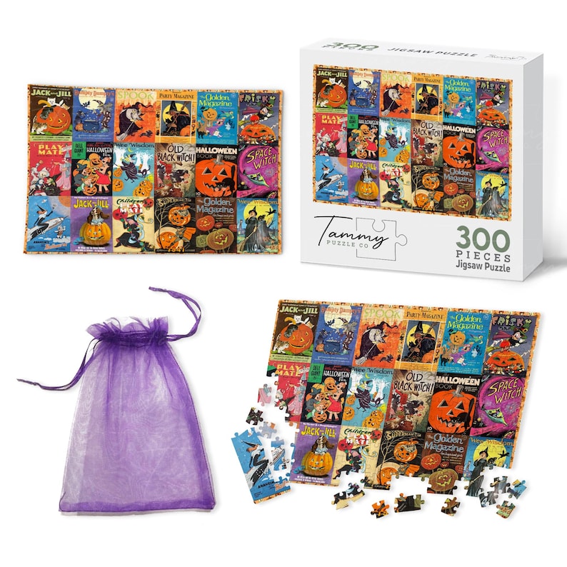 Rompecabezas vintage de Halloween, rompecabezas con portada de libro de Halloween, rompecabezas de calabaza espeluznante, collage retro de Halloween, regalo de Halloween para adultos imagen 5