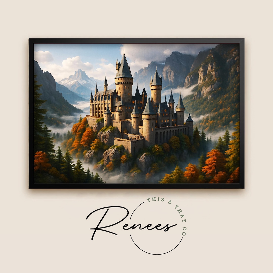 Fantasy Castle Wall Art, Medieval Mountain Castle Painting, Autumn ...