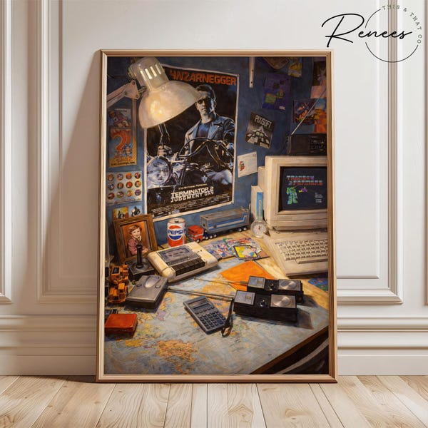 Retro 80s 90s Desk Art Print, Vintage Tech & Movie Poster Wall Art, Nostalgic Gamer Room Decor, Retro Bedroom Poster