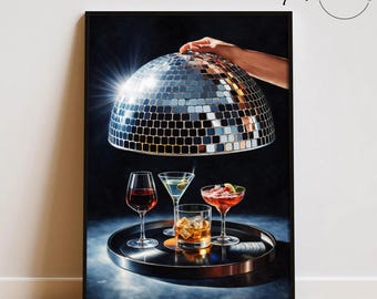 Decoración de pared con diseño de bola de discoteca y cócteles, decoración para carrito de bar, lámina con estética de vida nocturna, arte de pared de lujo para bares, lámina de whisky Martini, decoración moderna para el hogar.