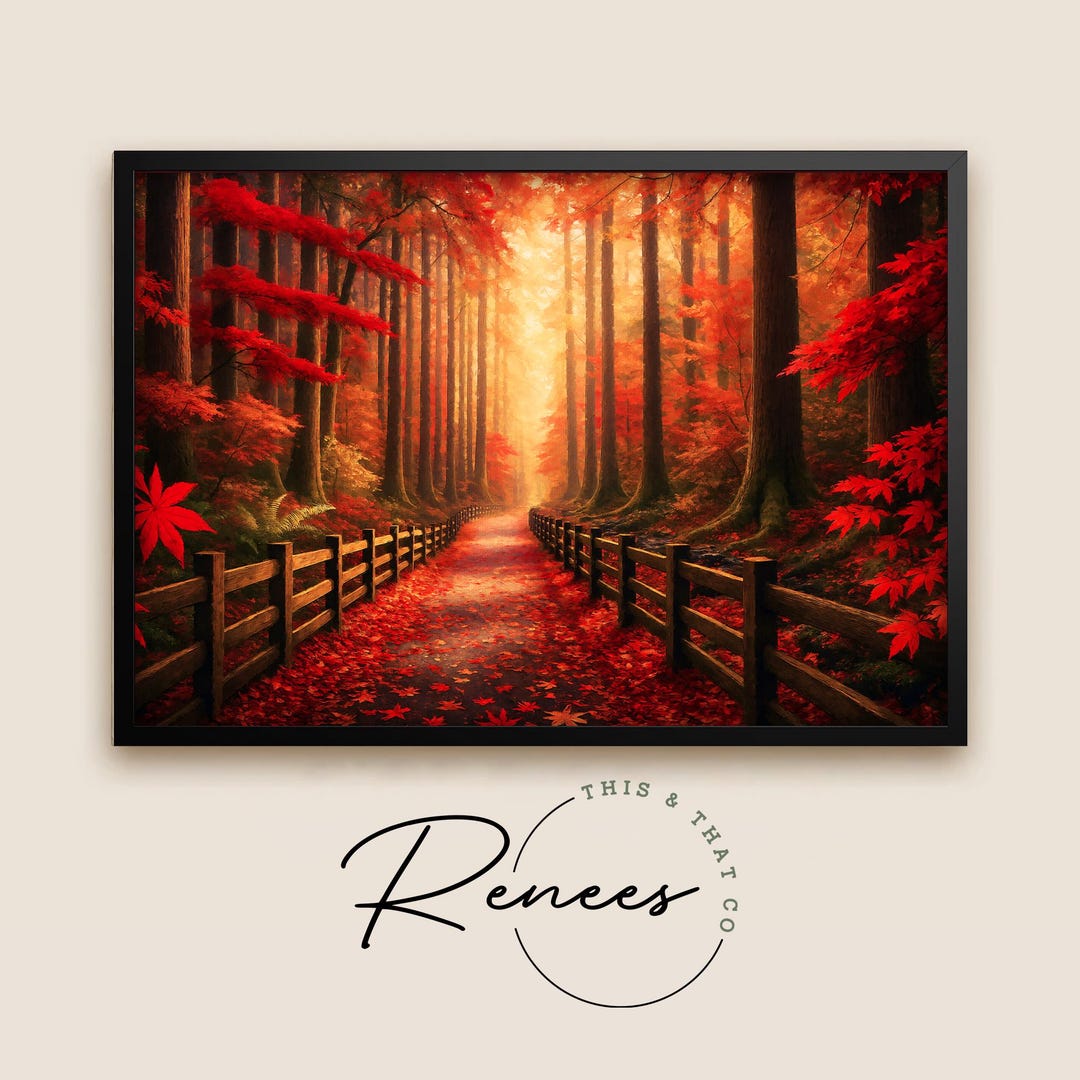 Autumn Forest Path Wall Art, Red Maple Tree Landscape Print, Cozy Fall ...