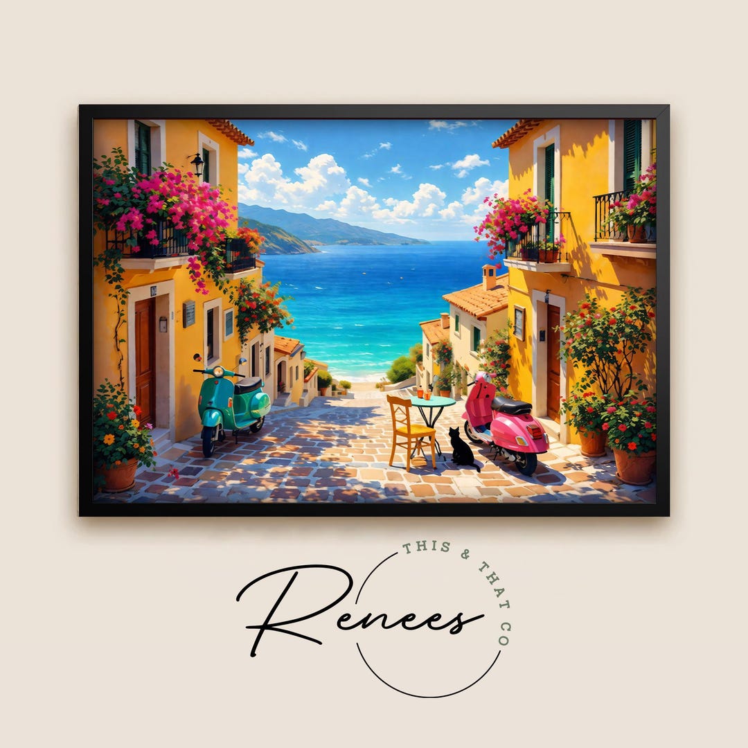 Mediterranean Coastal Village Wall Art Canvas, Italian Seaside Street ...