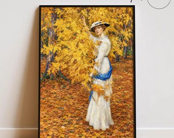 Vintage Autumn Woman Wall Art, Impressionist Fall Canvas Print, Golden Leaves Painting, Cottagecore Farmhouse Decor