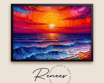 Colorful Seascape Wall Art Canvas – Bold Ocean Waves Sunset Painting, Modern Coastal Home Decor