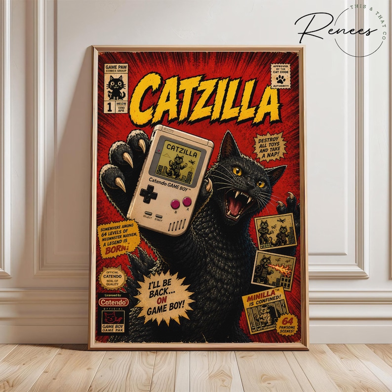 Catzilla Vintage Comic Poster, Retro Cat Monster Wall Art, Parody Gamer ...