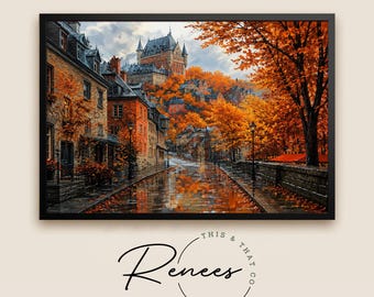 Autumn Castle Town Wall Art, European Village Fall Landscape, Rainy Street Canvas, Cozy Historic City Decor, Rustic Artwork