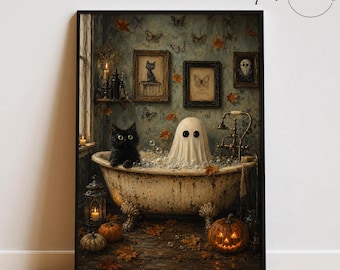 May include: A wall art print featuring a clawfoot bathtub filled with bubbles, containing a black cat and a white ghost. The scene includes a lit lantern, a jack-o'-lantern, and framed pictures on a wall decorated with autumn leaves and butterflies.
