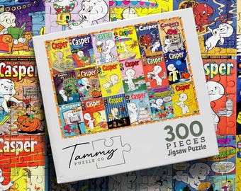 Vintage Casper Inspired Wooden Puzzle, Casper Comic Collage Art, Retro Halloween Jigsaw Puzzle, Ghost Cartoon Gift for Adults