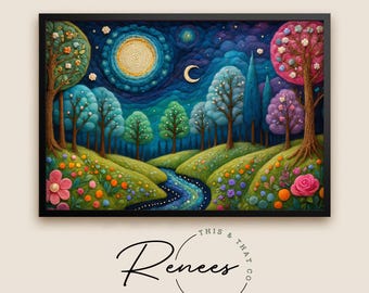 Embroidery Style Forest Wall Art, Felt Texture Night Landscape Print, Wool Fiber Art Inspired Illustration, Craft Lover Gift