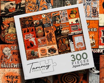 Vintage Halloween Wooden Puzzle, Retro Halloween Art Collage Jigsaw Puzzle, Pumpkin Witch Ghost, Spooky Halloween Gift for Adults