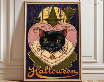 Vintage Halloween Black Cat Wall Art, Antique Halloween Postcard Print, Witch Halloween Decor, Victorian Gothic Canvas Art