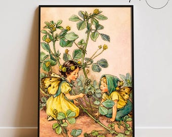Vintage Black Medick Fairies Wall Art, Cottagecore Fantasy Artwork, Antique Fairy Tale Poster, Botanical Fairy Nursery Art