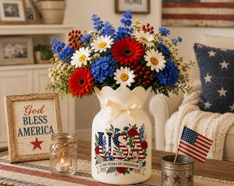 Jarrón conmemorativo de los 250 años de libertad de Estados Unidos, decoración patriótica de estilo rústico americano, jarrón de cerámica para flores, centro de mesa rústico para el 4 de julio.