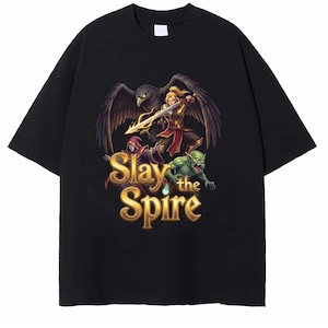 May include: Black t-shirt with a fantasy illustration. The design shows a warrior, an eagle, a wizard, and a goblin. The words "Slay the Spire" are written in gold. A casual, short-sleeved top.